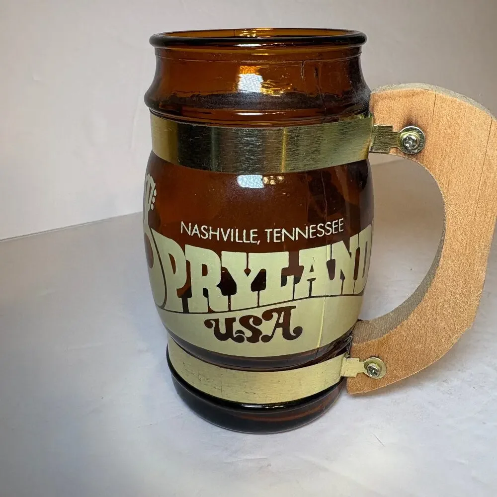 Vintage Opryland Souvenir Brown Glass Barrel Mug Wood Handle